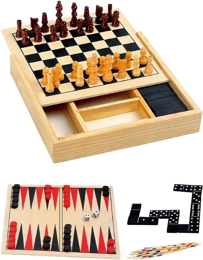 Houten 4-in-1 Spellendoos voor Onderweg - Compact Formaat
