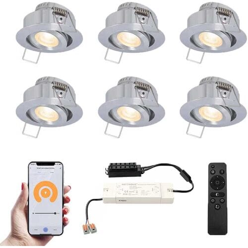 HOFTRONIC Set van 6 Sienna Smart LED Mini Inbouwspots - Veranda spots - 12V 3W 200lm - Dimbaar - Kantelbaar - Wifi & Bluetooth - 2700K - IP44 - RVS