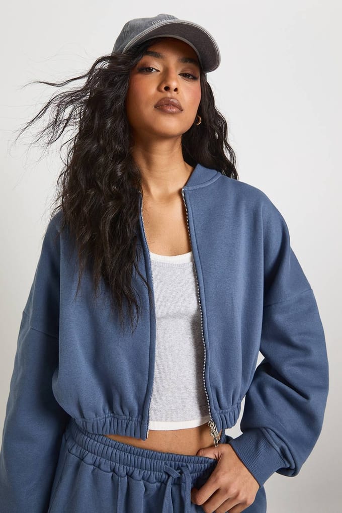 boohoo Dames Zip-Up Bomber Rechte Pijpen Trainingspak | Leisteen | Maat: Small