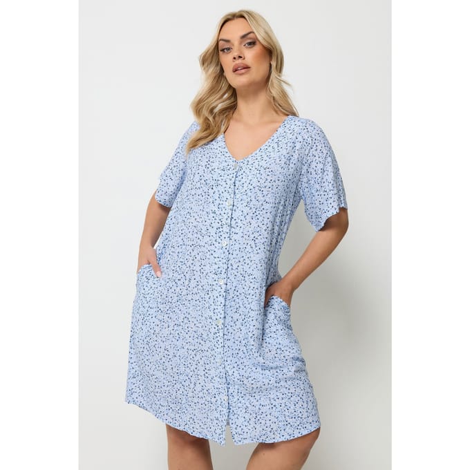 Yours Blauwe Tuniekjurk Met Bloemenprint En Knoopsluiting Size 48