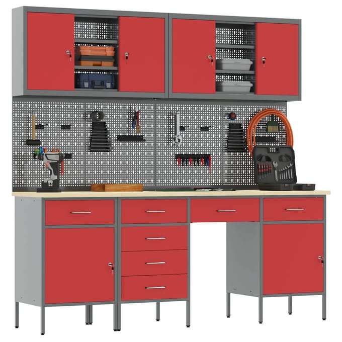 vidaXL - Werk - Cabinet - met - lade - 10 - st - Rood - Engineered - hout - en - staal