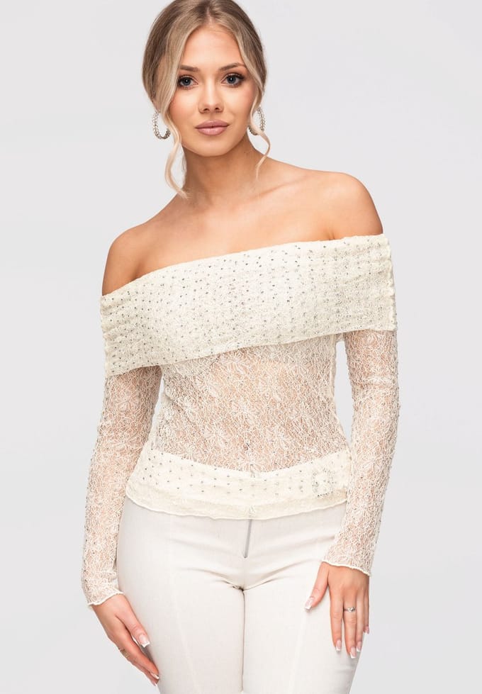 OMBRE Blouse - Slim Fit - Lange Mouw - Geen Sluiting Ecru S/M