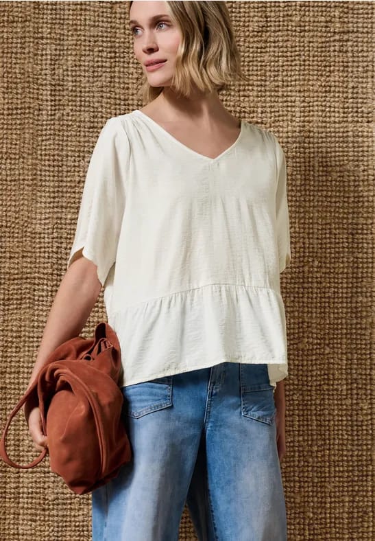 Blouse met korte mouwen, V-hals en peplum