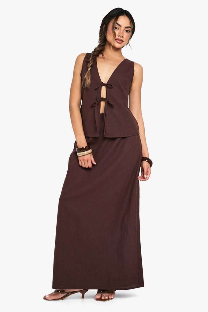 boohoo Dames Linnen Maxi-Rok met Split aan de Achterzijde | Chocolate | Maat: 6
