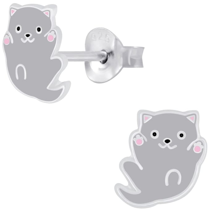 Joy|S - Zilveren kat poes oorbellen - 8 mm - kitten grijs