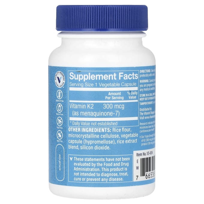 The Vitamin Shoppe, Vitamine K2, 3x sterkte, 300mcg, 60 plantaardige capsules