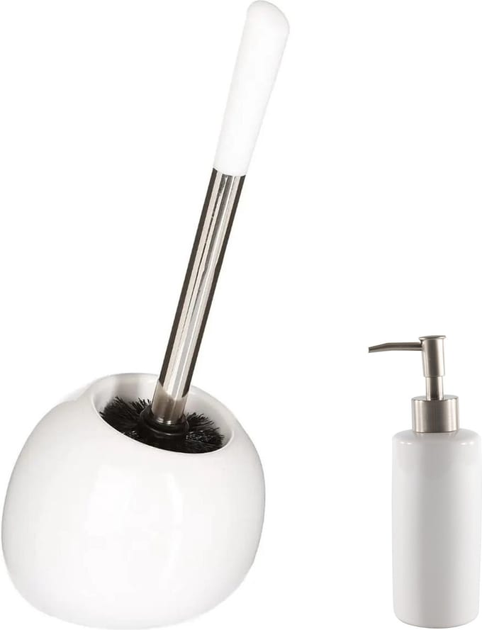 5Five - WC-/toiletborstel in houder - wit/rvs - Zeeppompje 400 ml