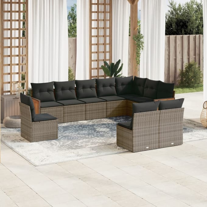 vidaXL - 10-delige - Loungeset - met - kussens - poly - rattan - grijs