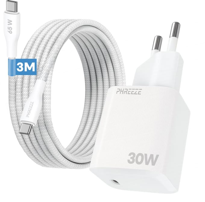 GaN usb C snellader 30w met usb C naar usb C kabel 3 meter - Gevlochten Wit