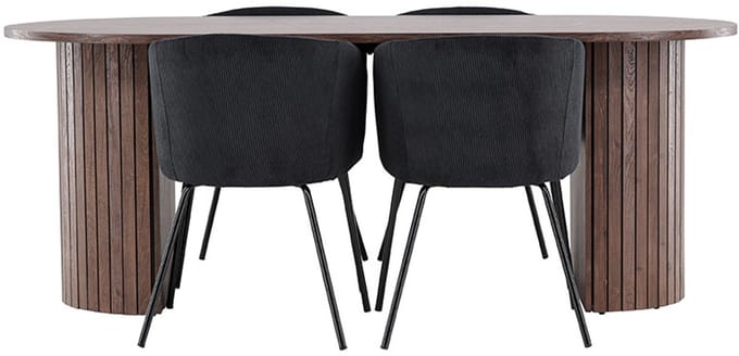 Härön eethoek tafel 90x200cm en 4 fluwelen stoelen met armleuningen mocca.