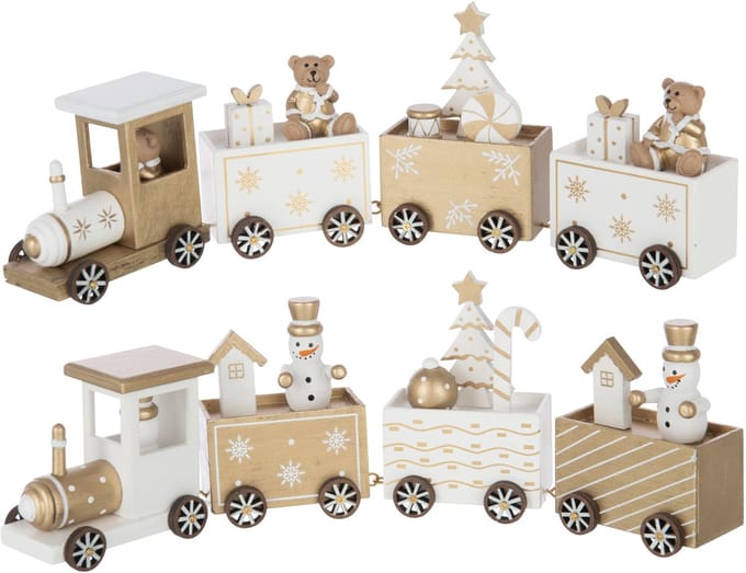 J-Line Trein Beer + Sneeuwman Multiplex Wit/Goudkleurig Assortiment Van 2