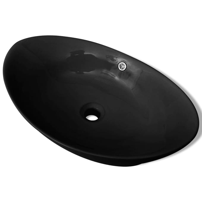 vidaXL - Wastafel - met - overloop - zwart - ovaal - keramiek - 59 - x - 38,5 - cm