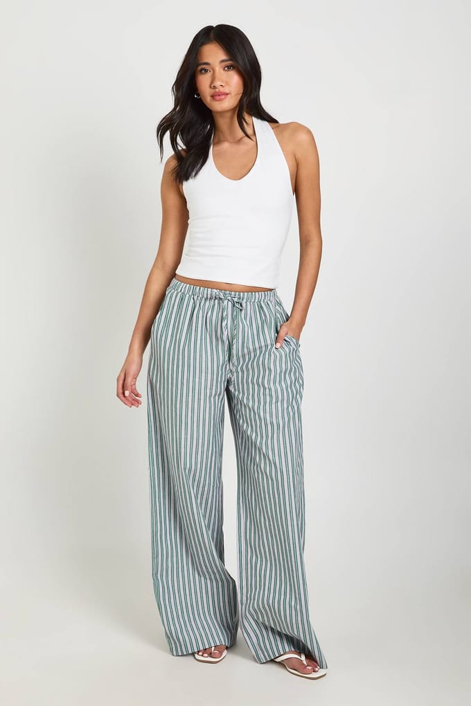 boohoo Dames Geweven Gestreepte Broek Met Elastische Taille En Wijde Pijpen | Groente | Maat: 44