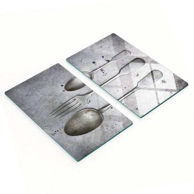 Set van gehard glazen snijplanken met afbeeldingen en bestek, 2x30x52 cm