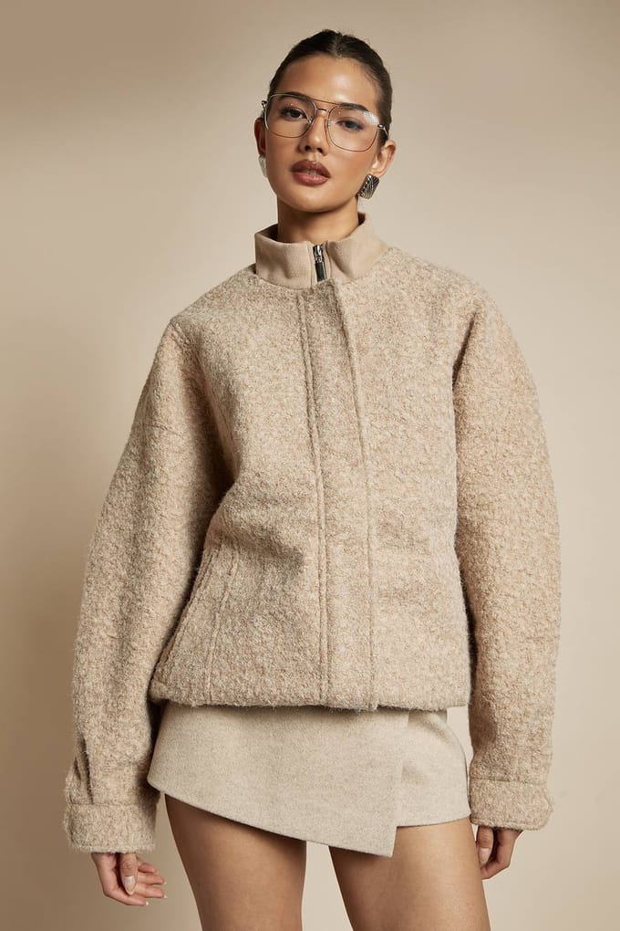 boohoo Dames Boucle Wool Look Bomber Jacket | Beige | Maat: 8