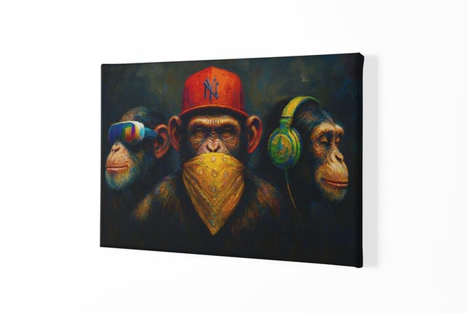 Canvas Schilderij - 3 Apen - Apentrots - Wanddecoratie - 120x80x2 cm