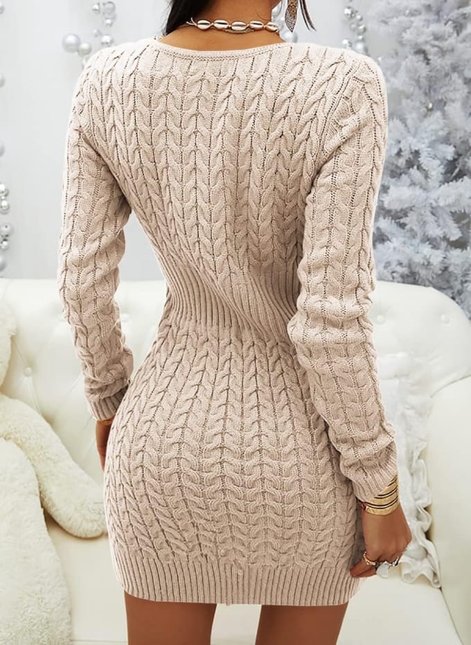 Dames gebreide trui-jurk met V-hals en ritssluiting - Elegante herfst- en winterjurk
