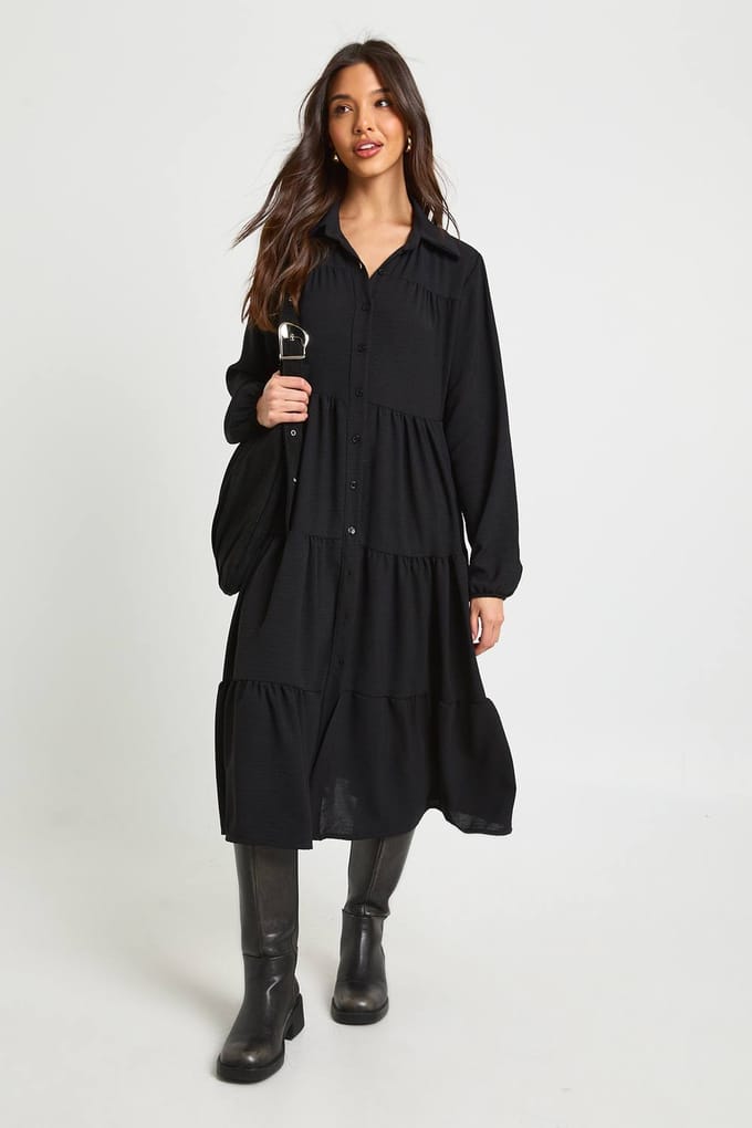 boohoo Dames Met textuur gelaagde midi smockjurk | Black | Maat: 8