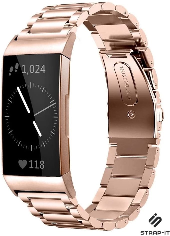 Strap-it Stalen schakel bandje - geschikt voor Fitbit Charge 3 / Charge 4 (rosé goud)