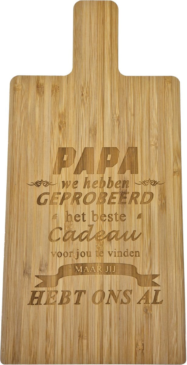 Passie voor Stickers Snijplank van Bamboe met gelaserde tekst: Papa we hebben geprobeerd het beste cadeau