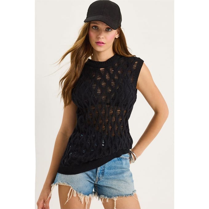 Gestructureerde Breisel Mouwloze Blouse met Ronde Hals