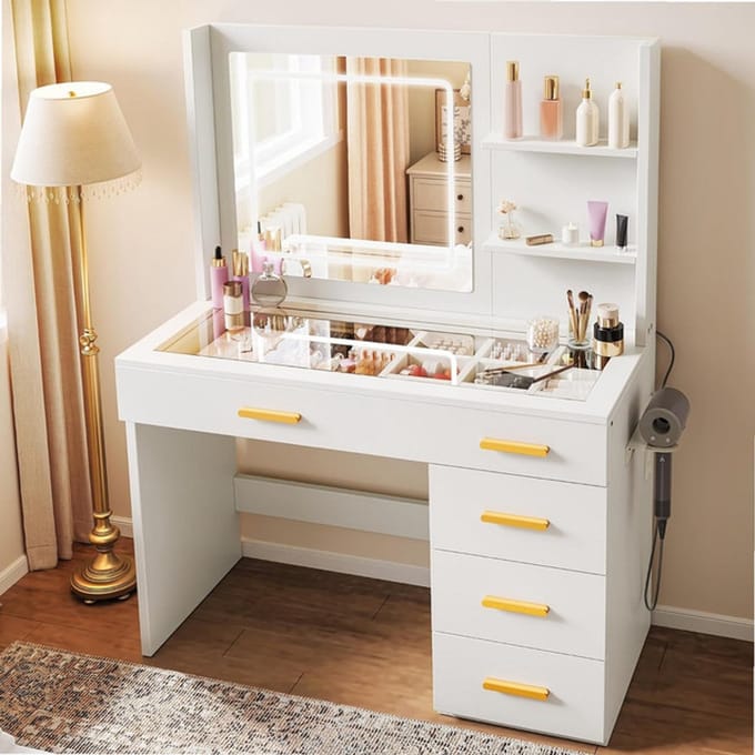 Sierra, Make-uptafel met verlichting, kaptafel met spiegel, kaptafel met kruk, kleuren met instelbare helderheid, kaptafel met 5 laden, open vakken, Vanity Table, wit