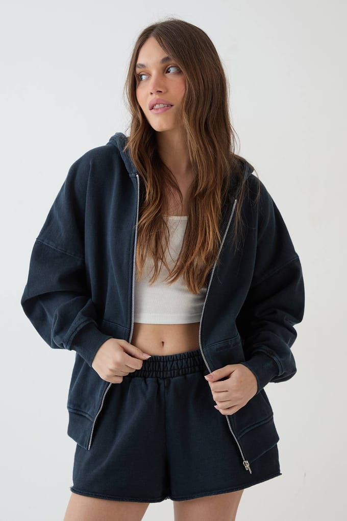 Dames Dsgn Studio Zwaar Gewassen Oversized Hoodie Met Rits | Washed Black | Maat: Medium