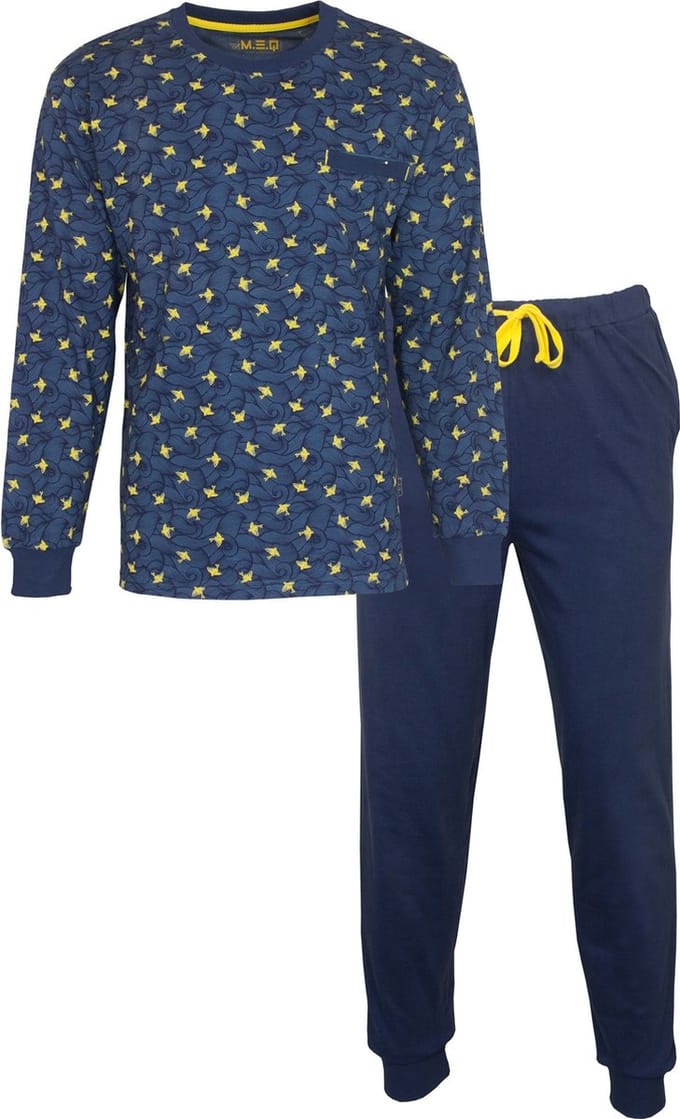 MEQ Heren Pyjama - Pyjama Set - 100% Gekamde Katoen - Donkerblauw - Maat L