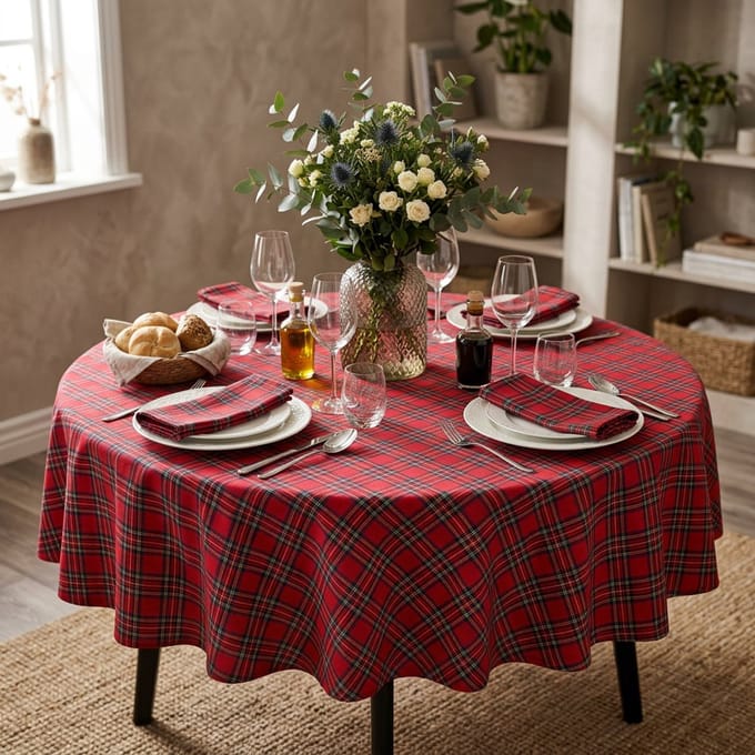 Rond Kerst Tafelkleed Rood Geruit 160 cm rond - Windsor Tartan – Engelse Landhuis Sfeer – Strijkvrij