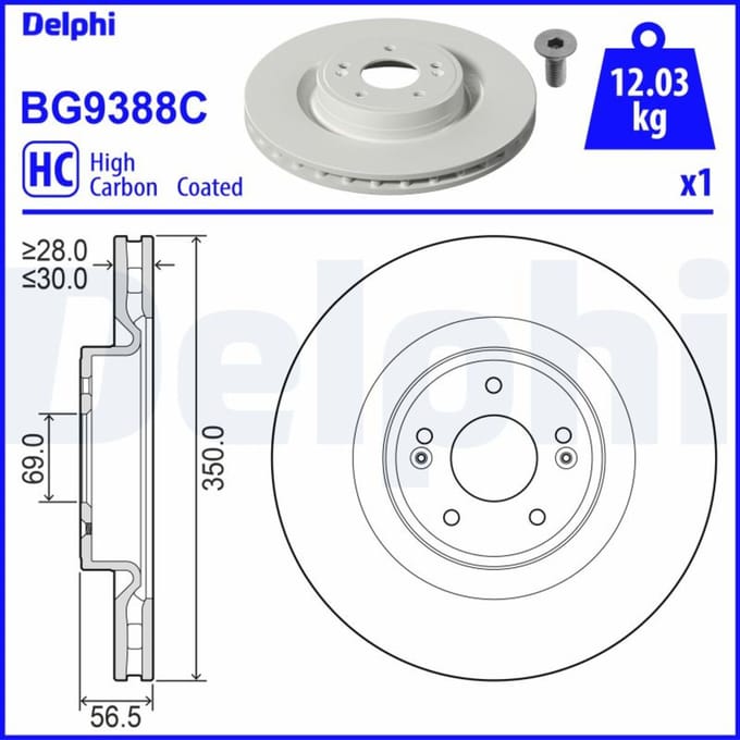 Remschijf DELPHI BG9388C voorkant, geventileerd, sterk gecarboniseerd, 1 Stuk