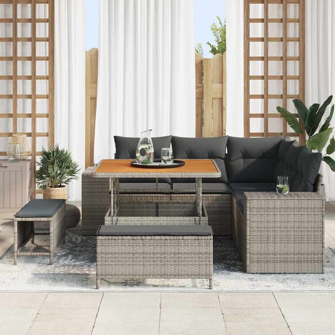 vidaXL Tuinbank Set met kussen met opslag 8 pcs Grijs poly rattan