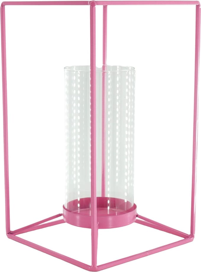 Housevitamin- Kaarshouder- Windlicht - Metaal/Glas - Fluor Roze - 12,5x12,5x20cm