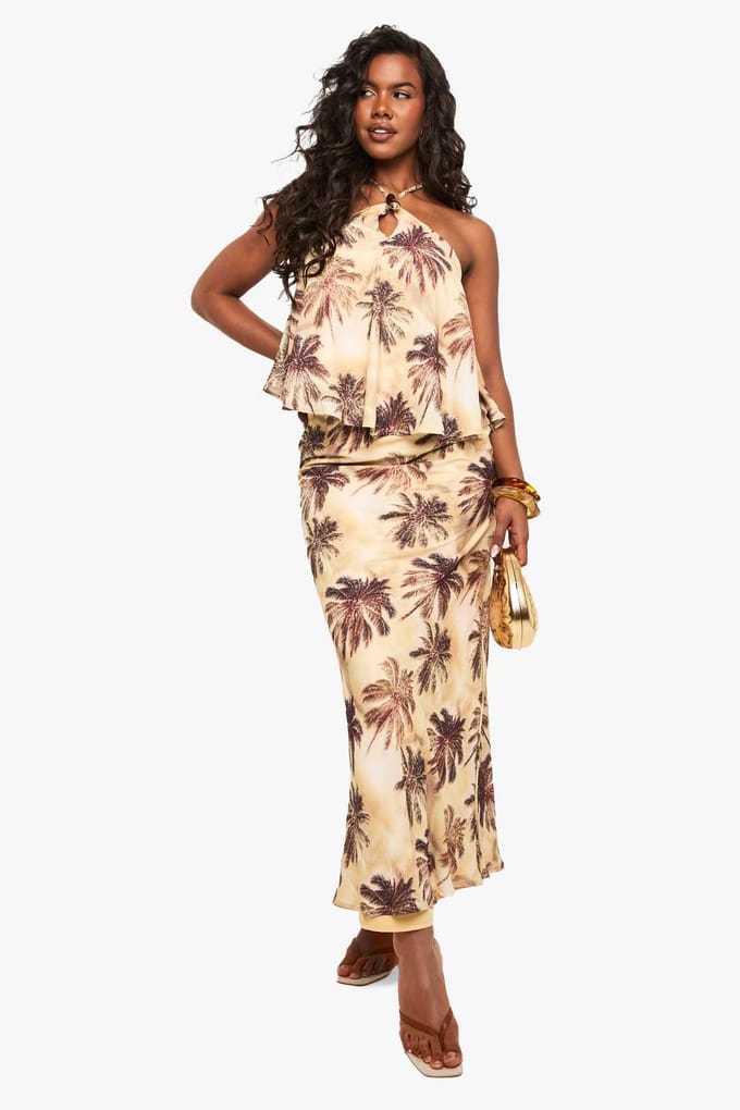 boohoo Dames Chiffon maxi-rok met palmprint | Beige | Maat: 10
