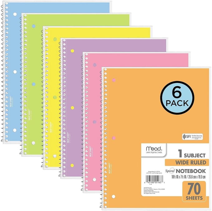 Mead Basic Notebook 1-vak Gelijnd Pastelkleuren Pack van 6