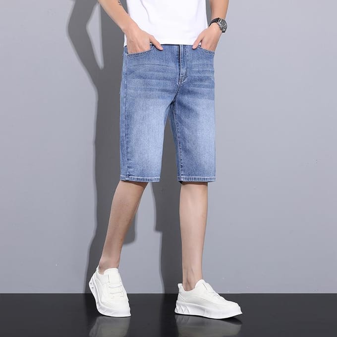 Nieuwe high-waist stretch mid-trousers heren denim vijfpunts broek casual 5-punts shorts 38