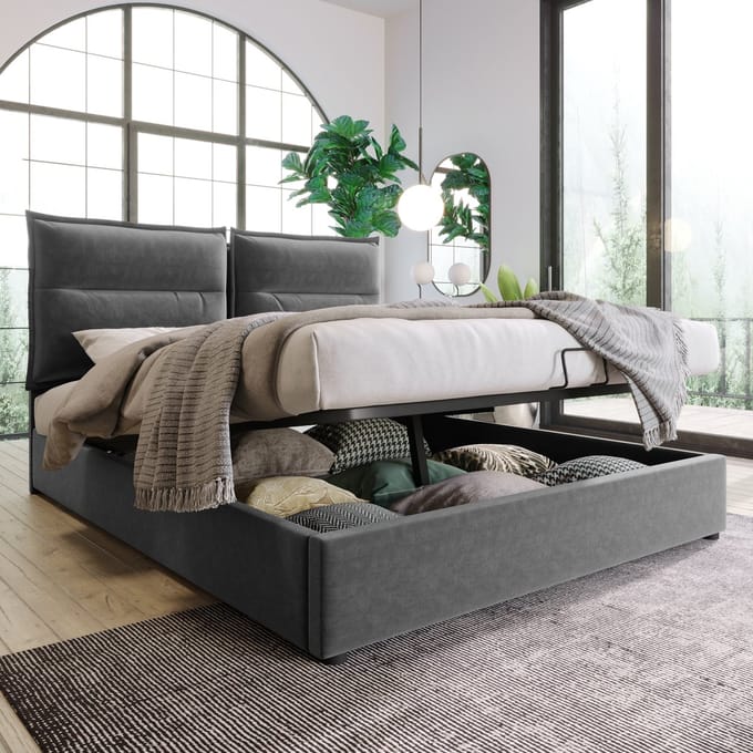 MODFU Bedframe 140x200 cm – Grijs fluweel met verstelbaar hoofdbord & hydraulisch