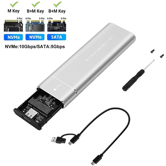 M2 SSD Behuizing Dual Protocol NVMe SATA SSD Behuizing Adapter 10Gbps USB 3.1 Type C Externe M.2 Behuizing Ondersteunt M Keys B&M Keys NVMe SATA Silver