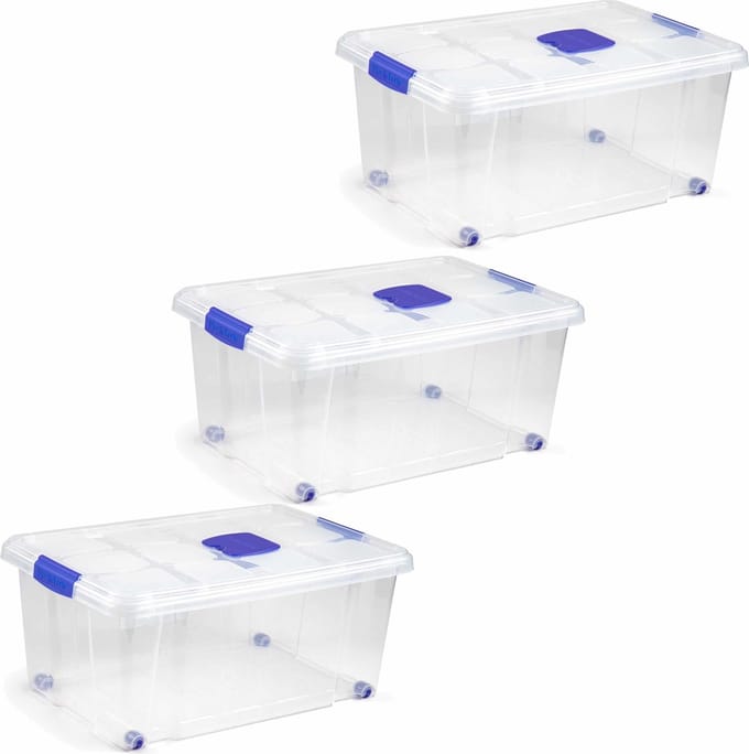 PlasticForte Opslagbak - 3x stuks - met deksel - 36L - 59 x 40 x 25 cm - transparant - opbergbak