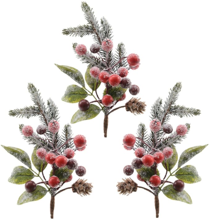 Kerststukje instekertjes - 3x - bessen/sneeuw - groen/rood - 20 cm