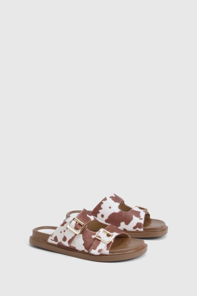 boohoo Dames Cow Print Gespen Sandalen | Tan | Maat: 3