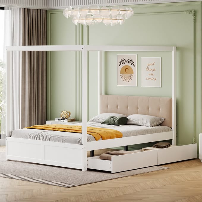 Sweiko Hemelbed - 140*200 cm - 2 laden - Gestoffeerd hoofdbord - Wit