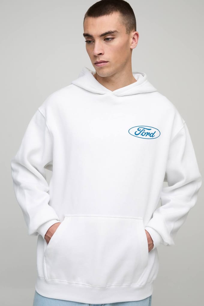 Witte Oversized Ford Winter Carnival licentie bedrukt hoodie | White | Size Medium