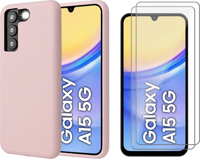 Hoesje geschikt voor Samsung Galaxy A15 - 2x Screenprotector Glas - Mat Back Case Roze