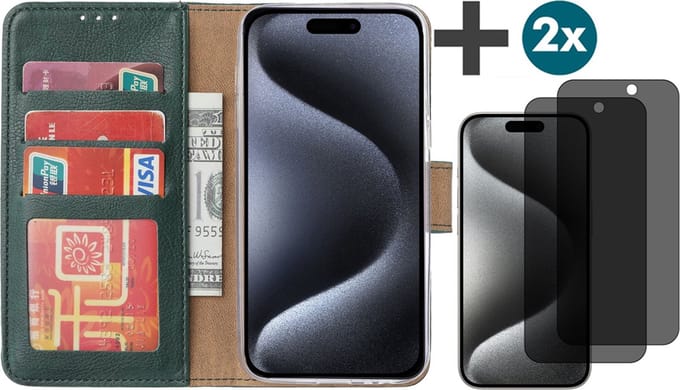 Hoesje met Privacy Screenprotectors 2 Stuks Geschikt voor iPhone 15 Pro Max – Arara bookcase met pasjeshouder - Groen