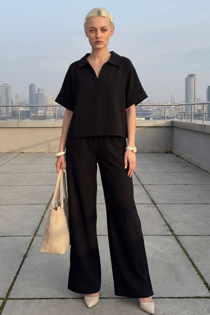 V-hals Korte Mouw Blouse & Wijde Pantalon Twee-Delige Set