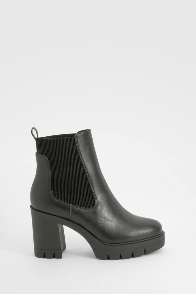 boohoo Dames Brede pasvorm, getextureerde Chelsea-laars met chunky hak | Zwart | Maat: 38