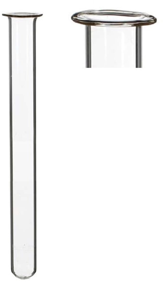 Glazen reageerbuis 1,5 cm diameter 15 cm hoog, met ring (set van 12 stuks)