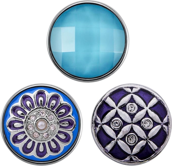 Quiges - Chunk 18mm Click Button Drukknoop Multi Set van 3 Stuks Paars en Blauw met Zirkonia - EBCMSET011