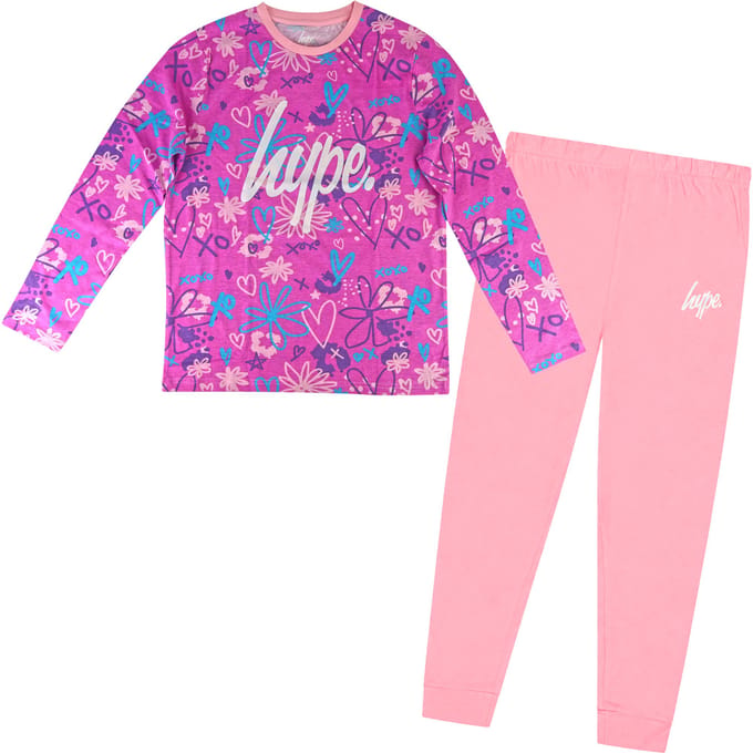 Meisjes 100% Katoenen Scribble Roze Pyjama Set Lange Mouwen Nachtkleding