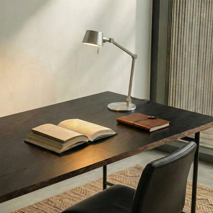 Lucande - bureaulamp - 1licht - metaal - H: 93.5 cm - E27 - nikkel satijn